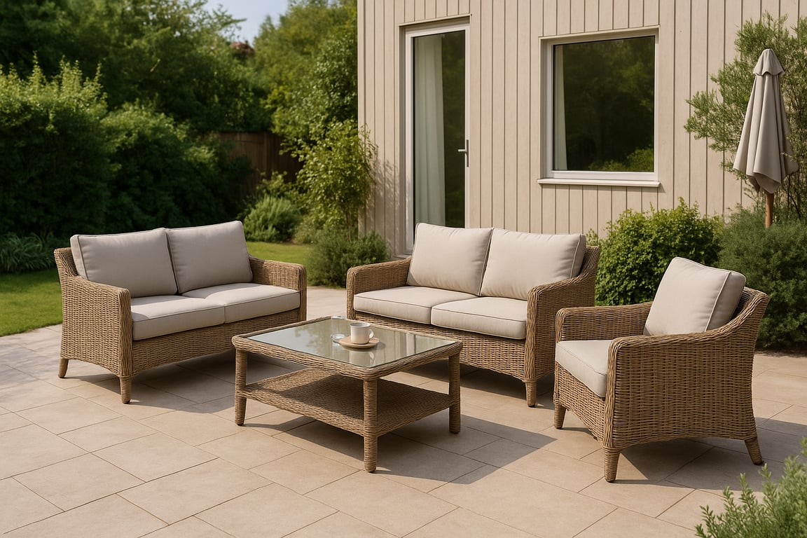 Elegant outdoor dining set with a large table and chairs on a stone patio, surrounded by potted plants and a modern architectural backdrop, highlighting a sophisticated al fresco dining experience.