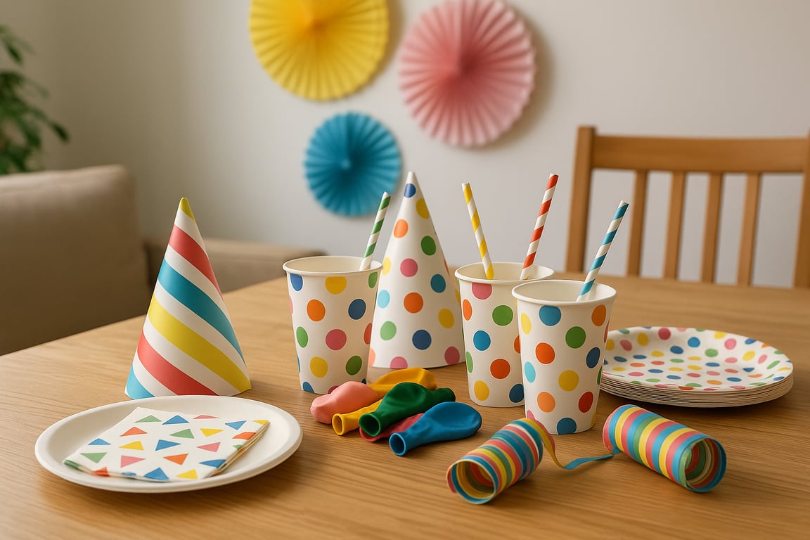 Custom party supplies factory floor with workers assembling personalized decorations, balloons, and themed tableware for an event, showcasing efficient OEM production.