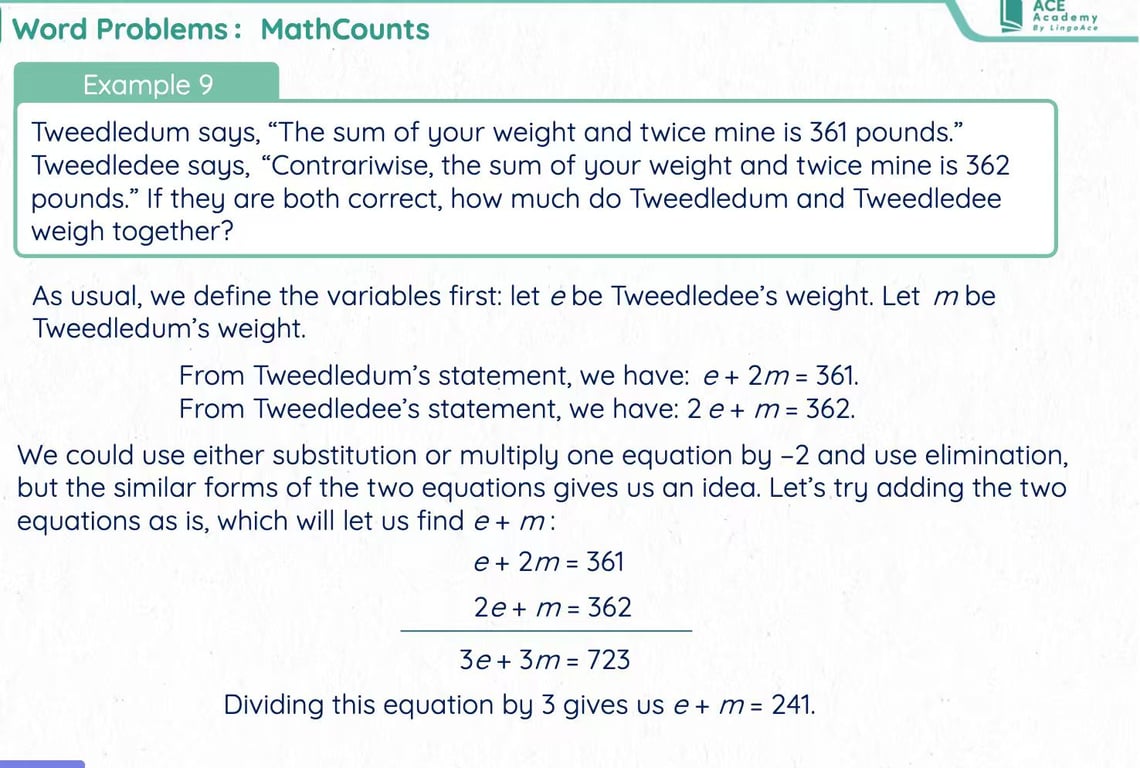 Algebra word problem lesson example
