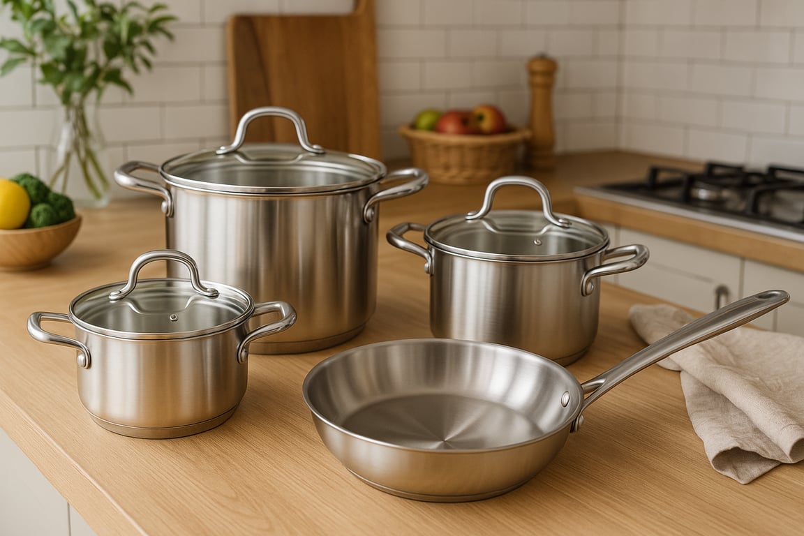A diverse collection of high-quality stainless steel kitchenware products, including pots, pans, utensils, and storage containers, neatly arranged on a display shelf in a modern kitchen showroom.