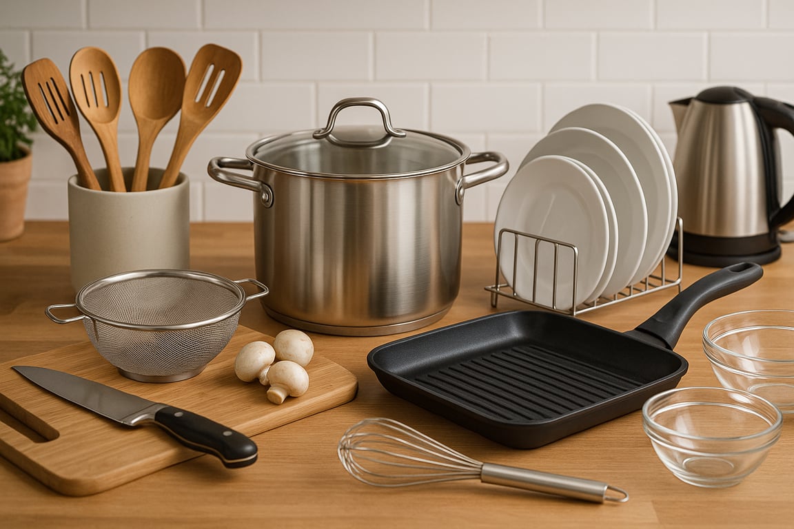 A comprehensive collection of wholesale kitchen supplies including professional cookware, stainless steel utensils, and commercial-grade kitchen tools.