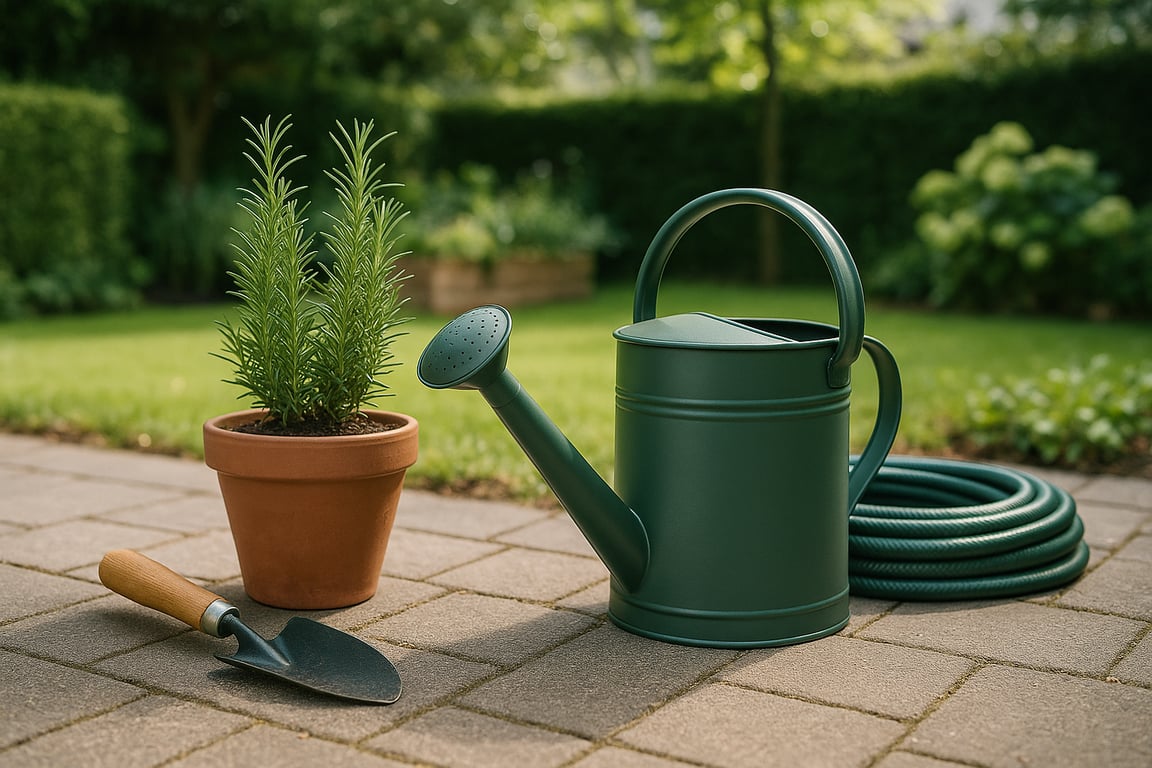 Private label garden products supplier showcasing various gardening tools, planters, seeds, and outdoor decor items arranged in a vibrant garden setting, emphasizing customization and branding.