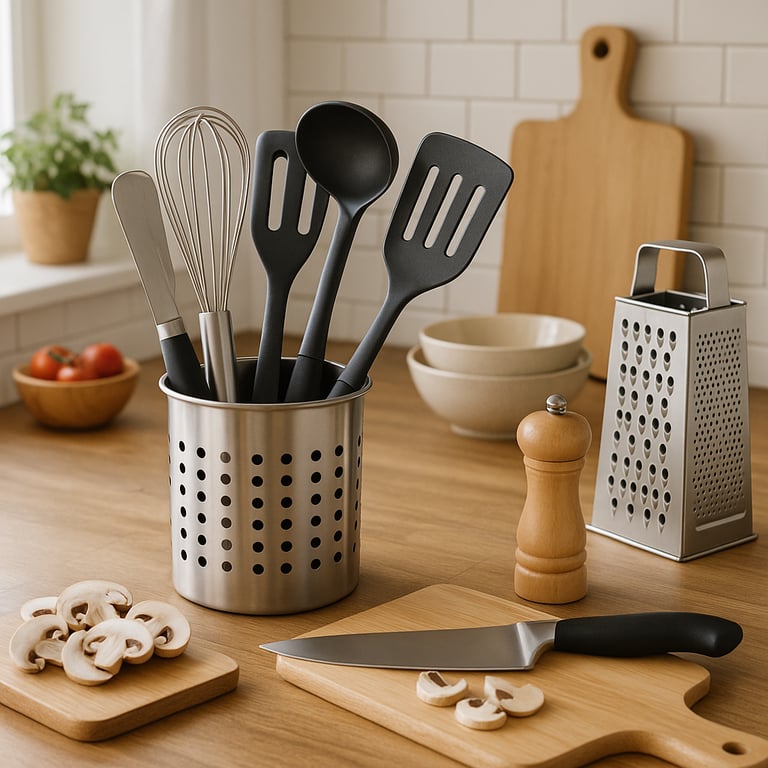 Wholesale kitchen tools supplier showcasing a variety of modern kitchen gadgets, utensils, and small appliances arranged neatly on a clean countertop, including spatulas, whisks, measuring cups, and cutting boards.