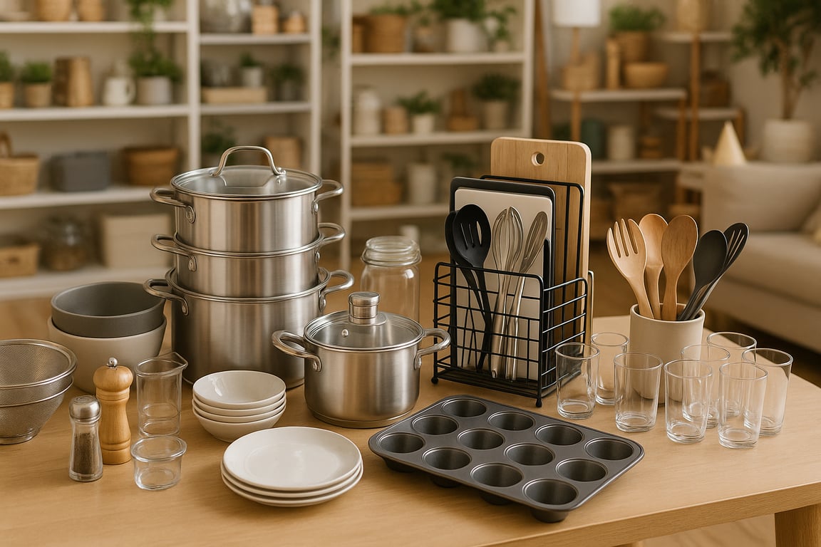 A diverse collection of bulk kitchen supplies for retailers, including stackable stainless steel pots, non-stick frying pans, kitchen knives, cutting boards, strainers, and glass storage jars, displayed in a well-lit commercial kitchen setting, emphasizing variety and quality.