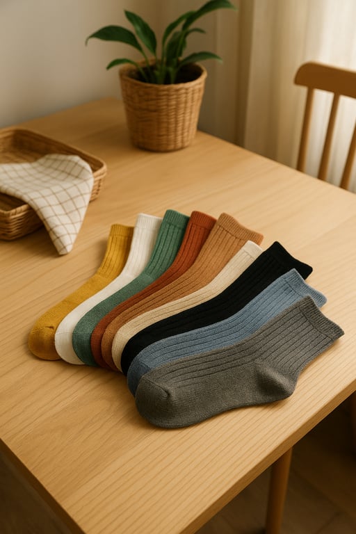 Close-up view of various types of socks, showcasing different textures, patterns, and materials like soft cotton, breathable bamboo, and durable synthetic blends, arranged for quality inspection in a factory setting.