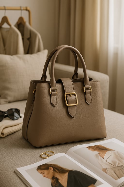 A stylish display of various fashion accessories including handbags, scarves, jewelry, belts, and sunglasses, showcasing a diverse range of products for wholesale sourcing.