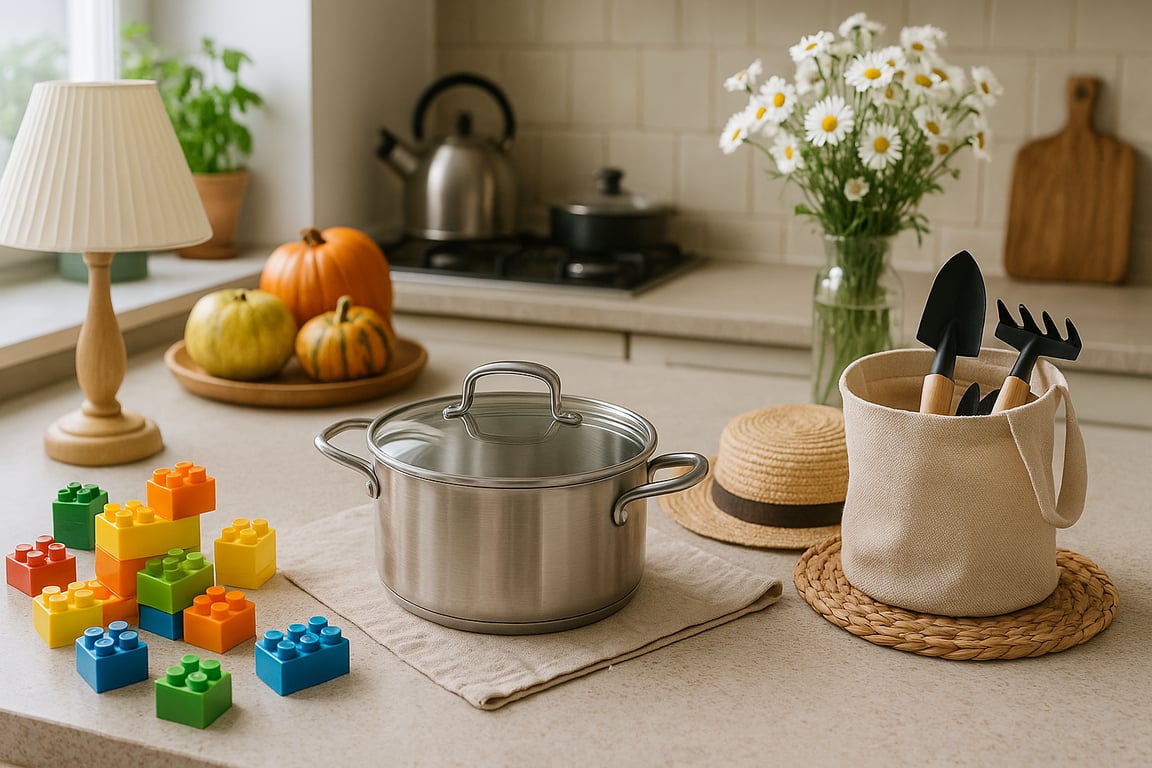 Diverse range of household products from a China supplier, featuring home organization tools, bathroom accessories, and decorative items in a modern showroom.