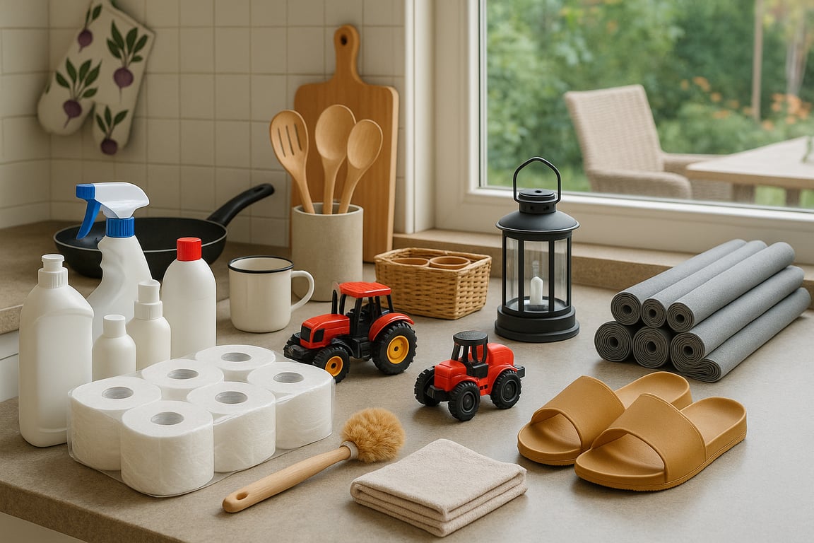 Wholesale household products supplier showcasing various cleaning supplies, laundry detergents, paper towels, and personal care items neatly arranged on shelves in a warehouse setting.