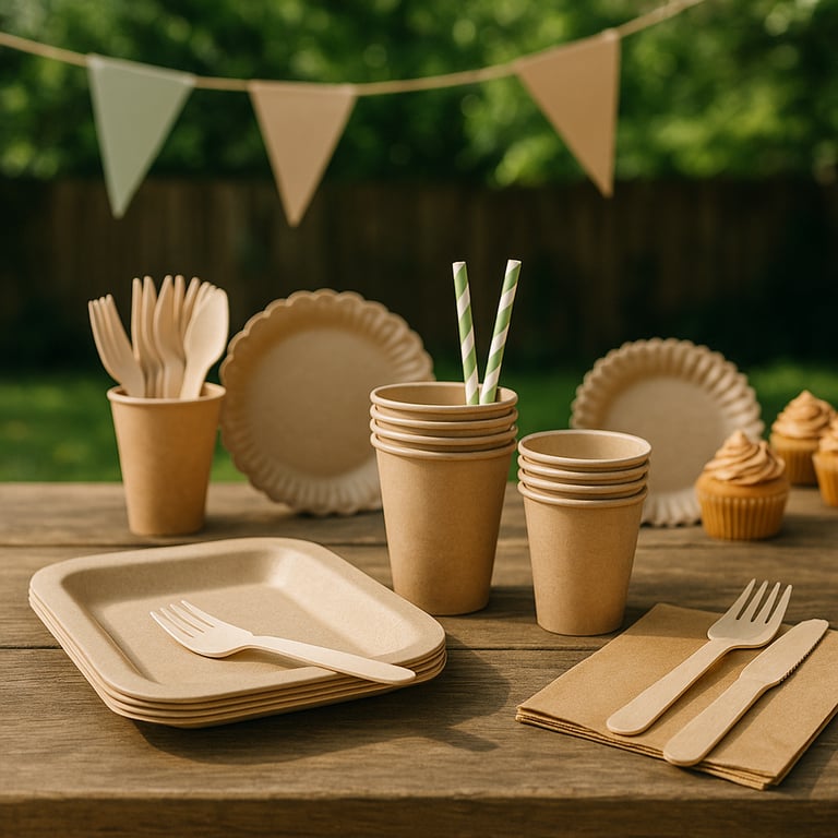 Close-up of various eco-friendly party items such as plant-based plates, wooden forks, and colorful paper straws, highlighting sustainable choices for events and gatherings.
