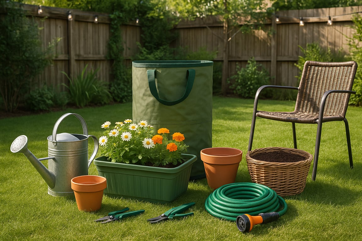 Wholesale garden products supplier showcasing various gardening tools like trowels, pruners, gloves, watering cans, and potted plants on a rustic wooden table in a bright outdoor setting.