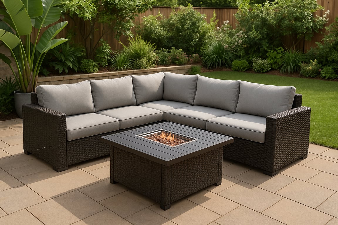 Private label outdoor furniture supplier showcasing a modern patio set with sofa, chairs, coffee table, and decorative plants on a stylish outdoor deck, emphasizing comfort and design.