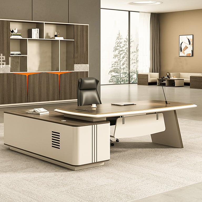 Olen Wooden Office Desk with Floating Island Modern Style