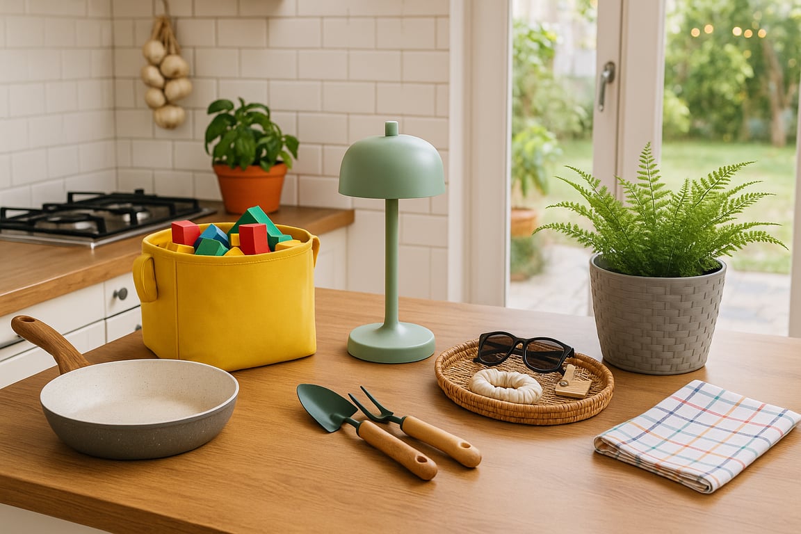 B2B household products supplier displaying organized home storage containers, cleaning tools, and decorative accessories in a contemporary living space.