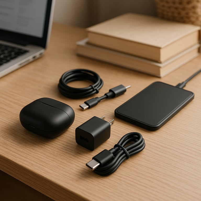 A variety of OEM mobile accessories including fast-charging blocks, braided cables, and ergonomic phone stands displayed in a professional retail packaging mockup.