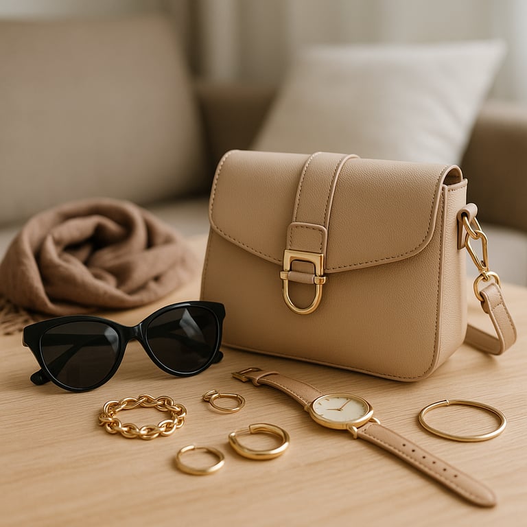 Professional fashion accessories distributor supply showcasing a variety of wholesale jewelry, handbags, scarves, and belts in a modern showroom.