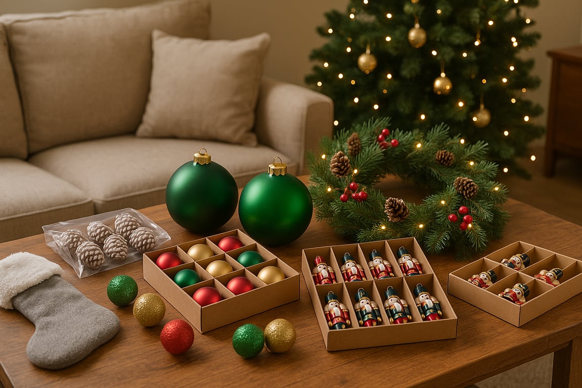 A variety of wholesale holiday decorations including wreaths, garlands, festive table settings, and decorative figurines for seasonal retail displays.