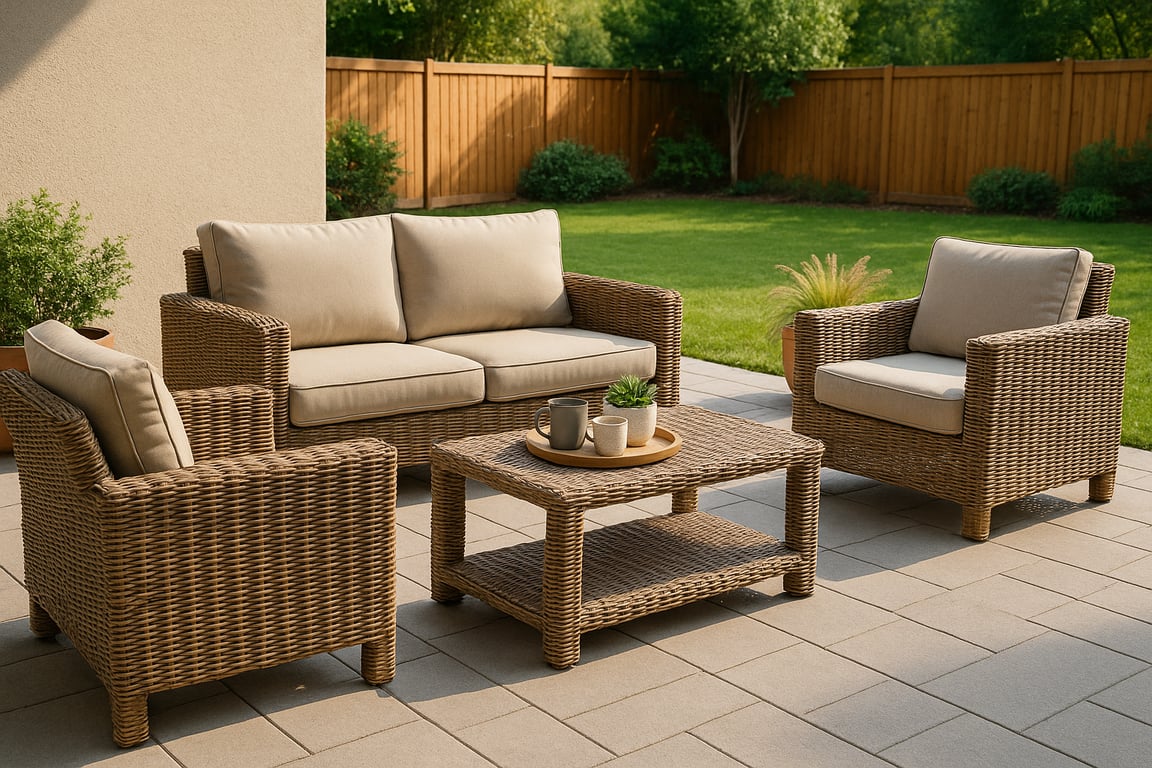 Custom outdoor furniture design process with a team collaborating on blueprints and material samples for a new patio collection, featuring sketches of modern outdoor sofas and chairs.