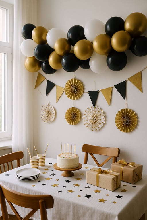 Vibrant private label party decorations including custom balloons, banners, confetti, and themed tableware, arranged for a festive celebration, showcasing unique branding and high-quality materials.