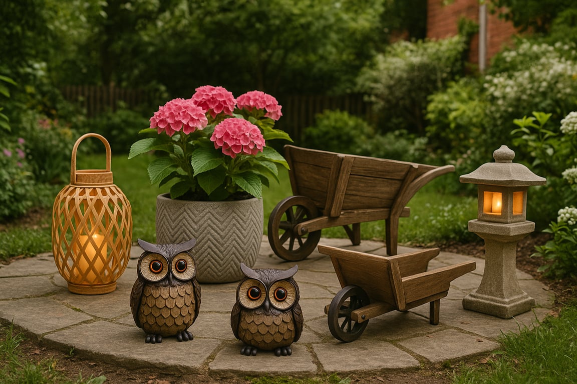 Wholesale garden decor supplier displaying a collection of ceramic pots, metal sculptures, bird feeders, garden stakes, and decorative stepping stones in a sunny outdoor display area.