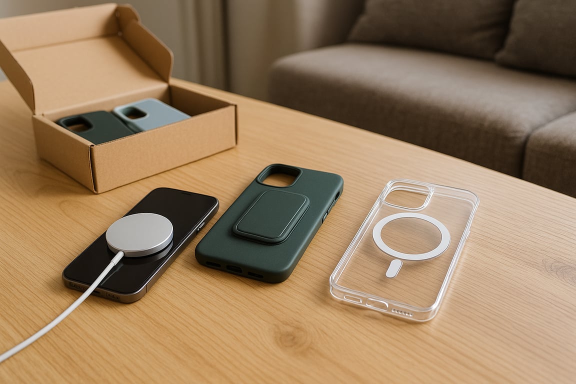 Wholesale phone accessories supplier showcasing a variety of smartphone cases, chargers, power banks, headphones, and screen protectors arranged on a modern display table.