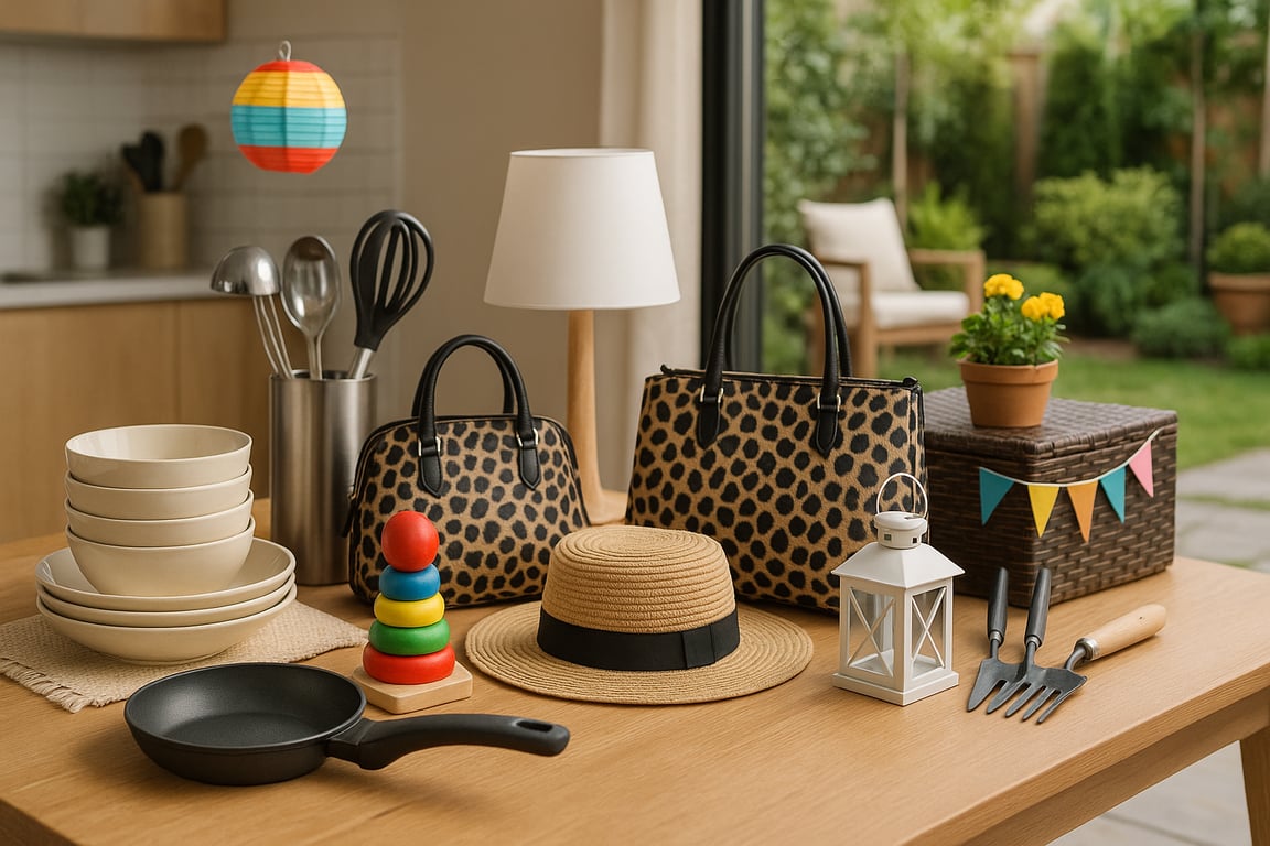 Professional B2B household products supplier showcasing a wide range of home goods including storage solutions, decor, and cleaning supplies in a modern warehouse setting.
