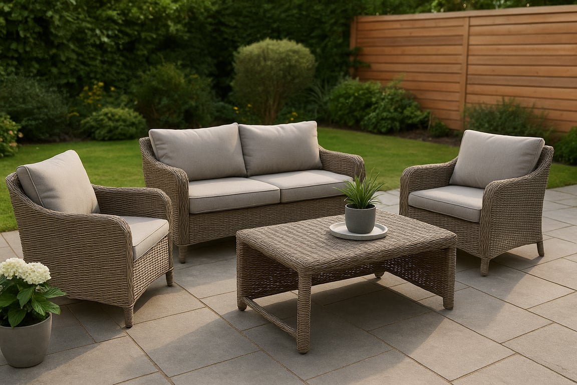 Modern outdoor patio with stylish garden furniture, including a sofa, armchairs, coffee table, and decorative plants, showcasing a comfortable and inviting outdoor living space.