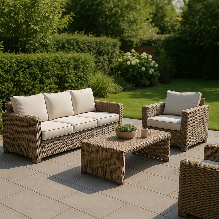 Modern outdoor patio furniture set with a sofa, armchairs, and a coffee table on a wooden deck, surrounded by lush greenery and natural light, showcasing a comfortable and stylish outdoor living space.