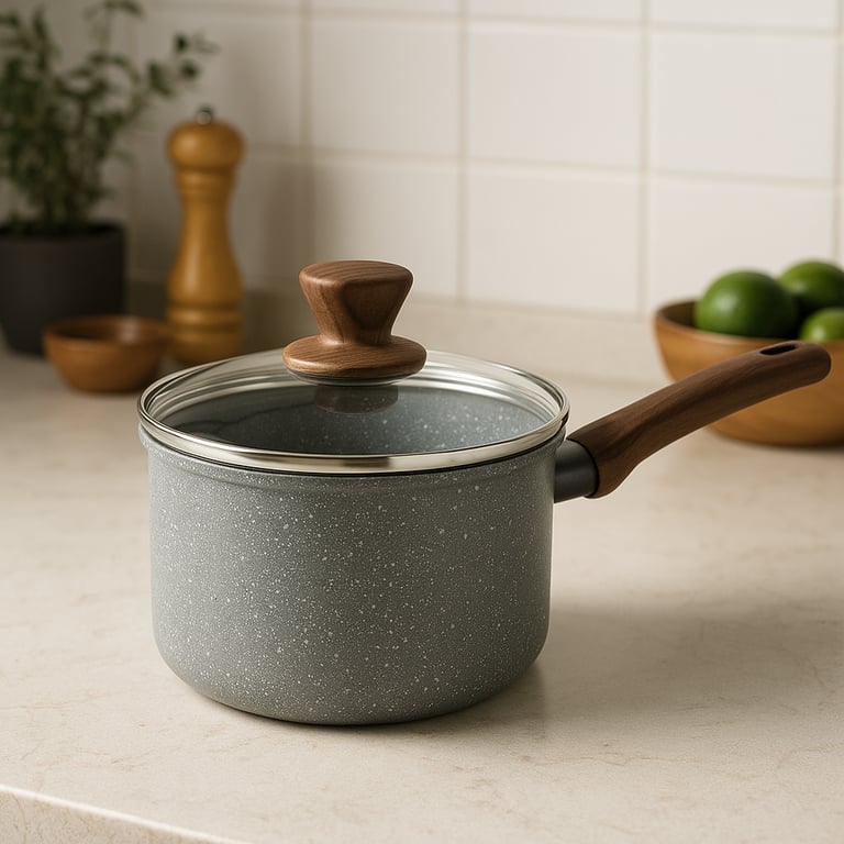 Quality control inspection of custom-manufactured stainless steel cookware, with a technician meticulously checking dimensions and finish on a production line.