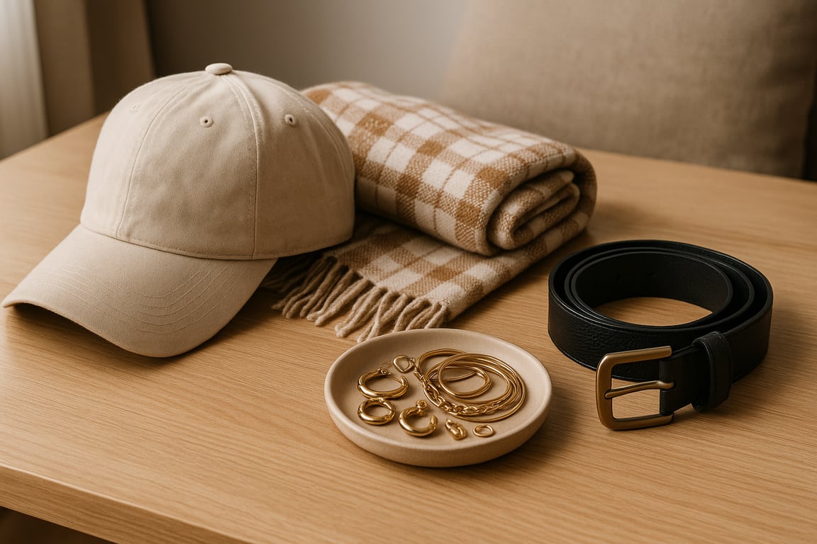 Wholesale clothing accessories supplier displaying a diverse collection of fashion accessories including scarves, hats, sunglasses, watches, and necklaces on mannequins and stands in a well-lit showroom.