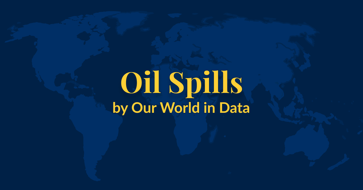 A dark blue background with a lighter blue world map superimposed over it. Yellow text that says Oil Spills by Our World in Data