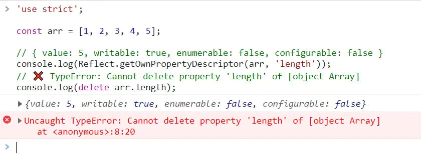 JavaScript delete operator example showing TypeError when attempting to delete array length property