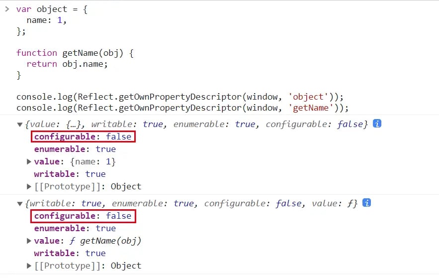 JavaScript delete operator example showing var and function declaration deletion restrictions in global scope