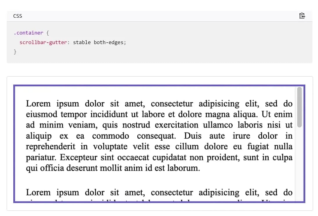 CSS scrollbar-gutter both-edges property example showing symmetrical gutters on both sides