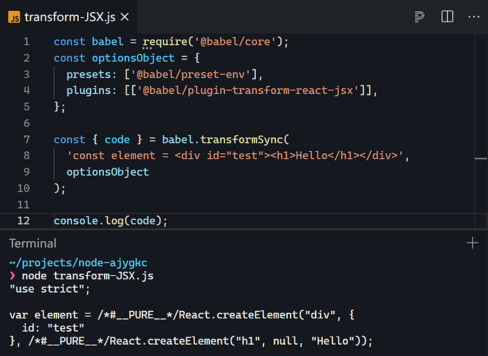 JSX compilation example showing Babel transform from JSX to React.createElement calls