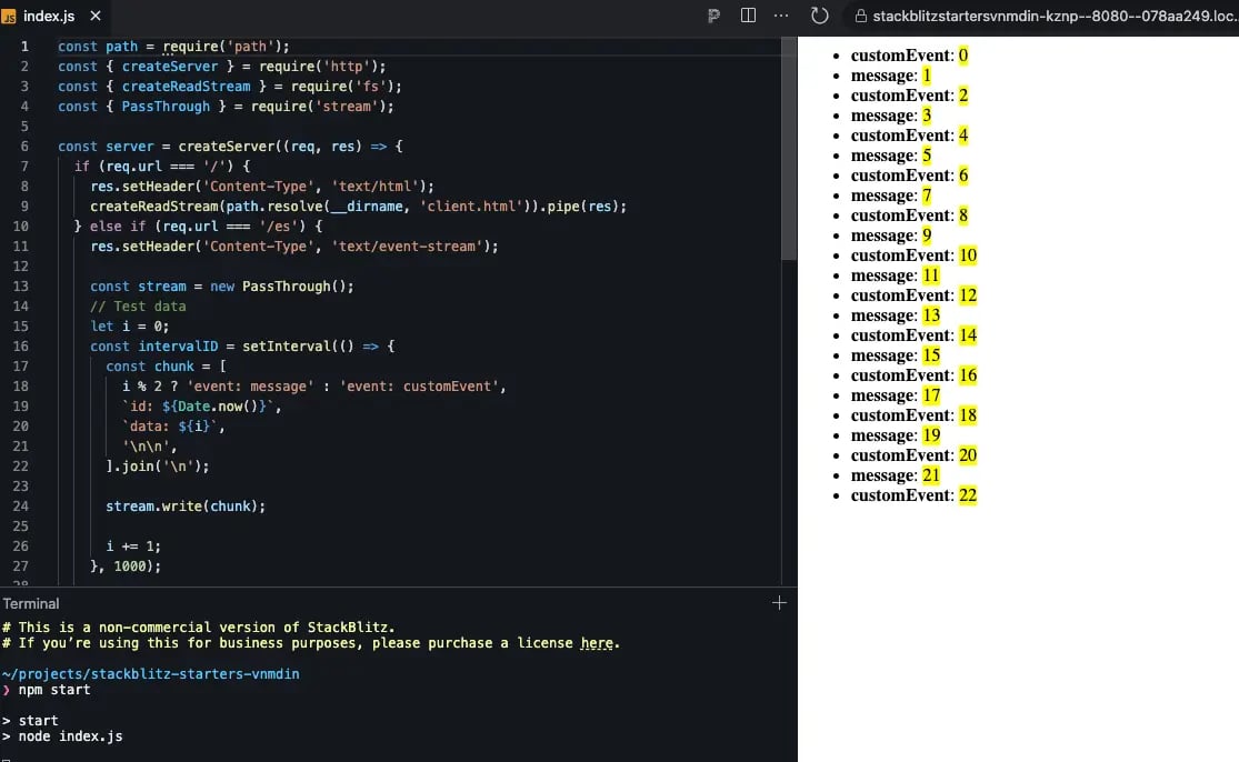 Server-Sent Events implementation example with EventSource API and native Node.js code