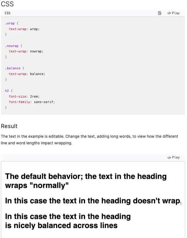 CSS text-wrap property example demonstrating balance and pretty line-breaking modes