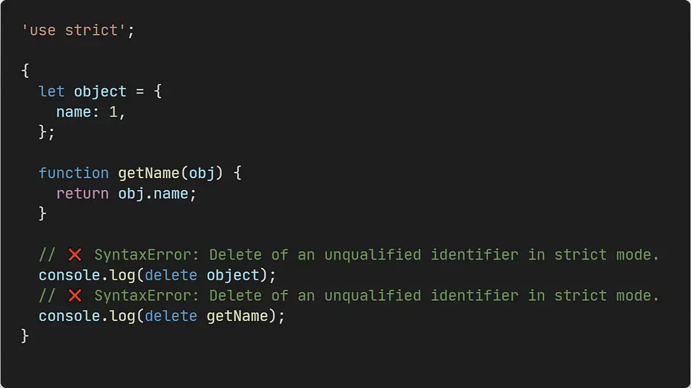 JavaScript delete operator example showing SyntaxError when deleting let const variables in strict mode