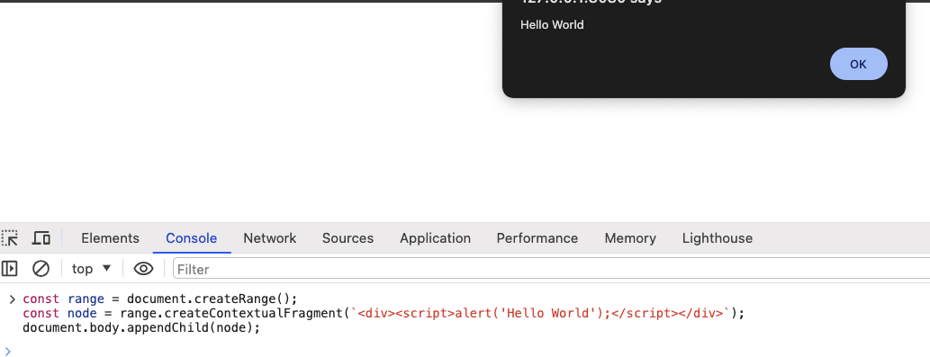 JavaScript Range.createContextualFragment security warning showing script execution in HTML strings