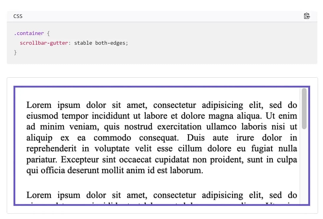 CSS scrollbar-gutter property example showing reserved space for scrollbar to prevent layout shift