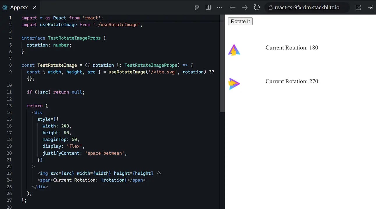 React image rotation hook live demo showing image rotation at different angles with canvas manipulation