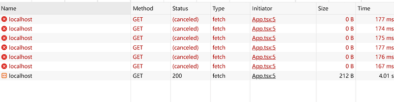 React sequential request hook demonstration showing automatic cancellation of previous requests