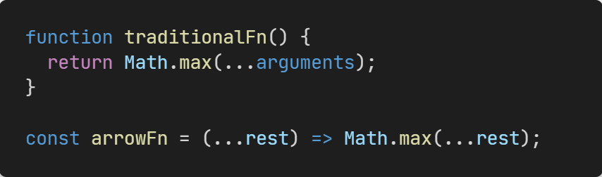 JavaScript arrow function implicit return example showing concise single-expression syntax
