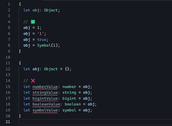 TypeScript Object type assignment example with boxable types like string, boolean, and number