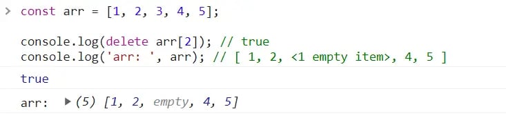 JavaScript delete operator example showing array element deletion creating empty slots