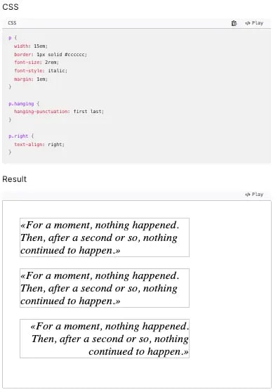 CSS hanging-punctuation property example showing punctuation alignment outside text box