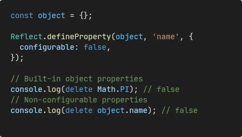 JavaScript delete operator example showing non-configurable property deletion failure in non-strict mode
