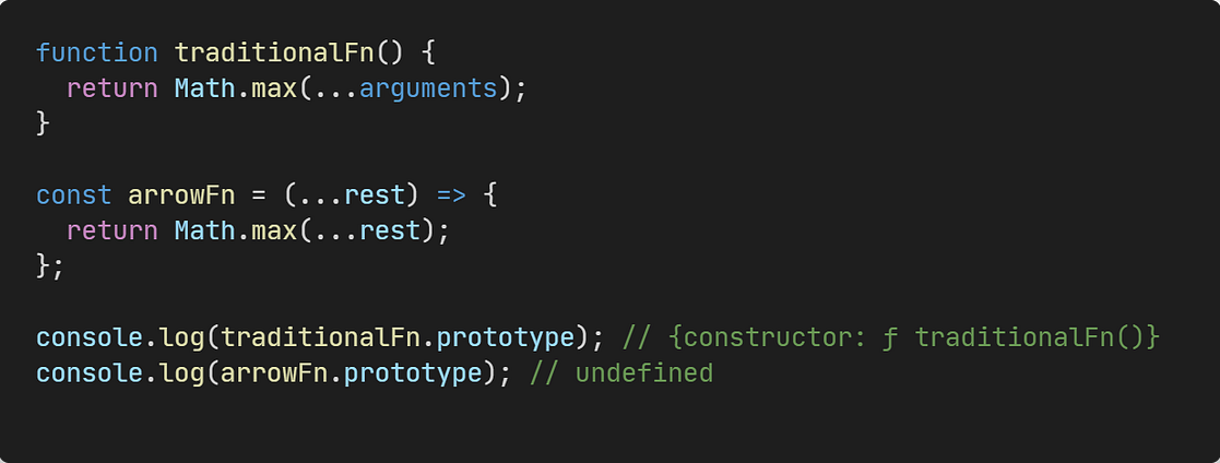 JavaScript arrow function prototype example showing no prototype property