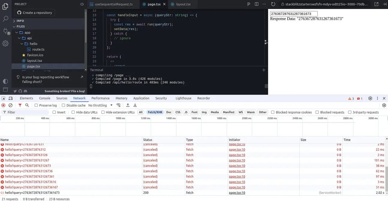 Optimized React sequential request hook example with input field and real-time data fetching