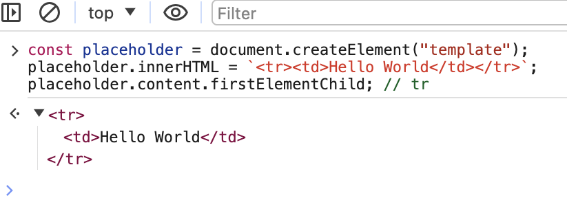JavaScript template element example showing table-related elements like tr and td creation