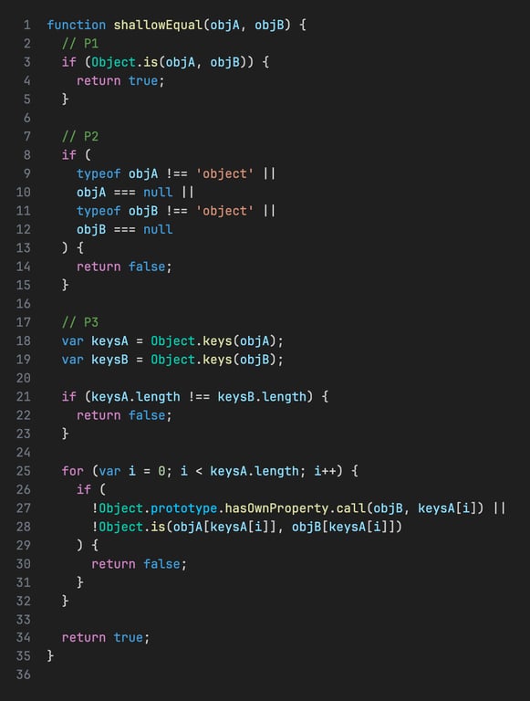React shallow equal implementation code showing object comparison logic